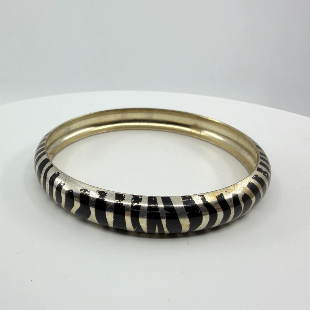 Y2K Zebra Print Enamel Bangle Bracelet Silver-Tone Fashion Jewelry